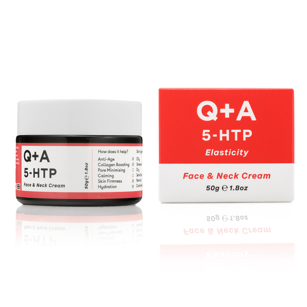 Q+A 5-HTP Face & Neck Cream Jar and carton